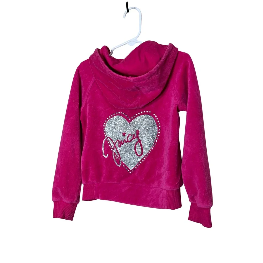 Juicy Couture Velour Zip Up Jacket Girls Size 5 Pink Crown Logo Heart Rhinestone